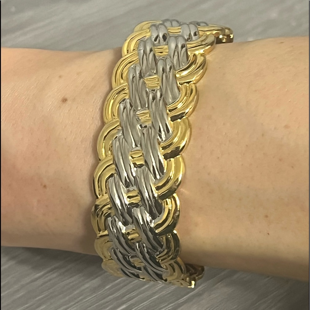 Vintage Gold and Silver Hinged Bangle Bracelet with Braided Design